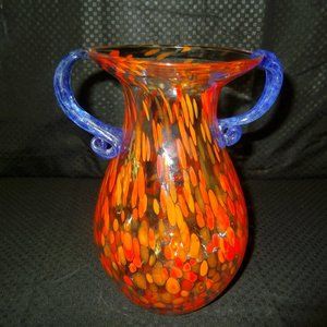 Orange /clear with blue handle vase